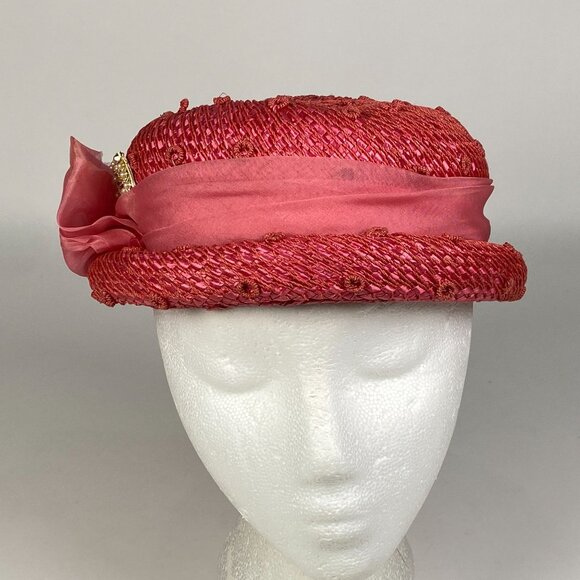 Vintage Lazarus Paris Pink Straw Raffia Hat Sheer Ribbon & Bow Accent Millinery main image 2